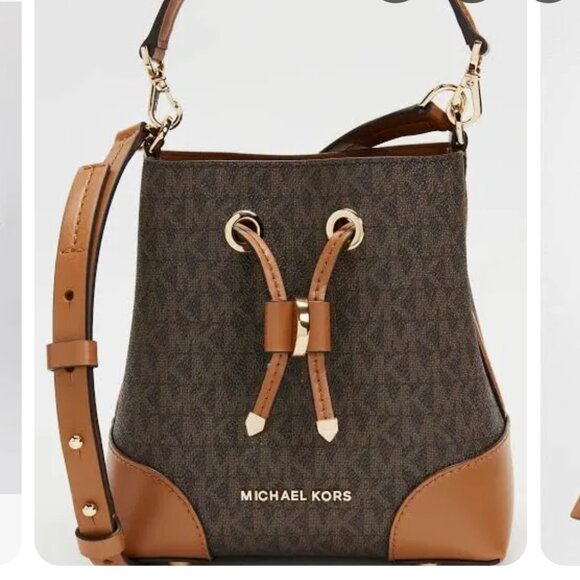 BRAND NEW WITH TAGS MK LEATHER BROWN DRAWSTRING BUCKET BAG - Picture 1 of 10